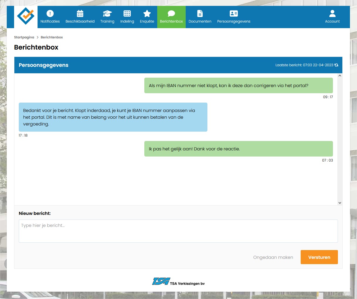 Screenshot Ledenportal berichtenbox